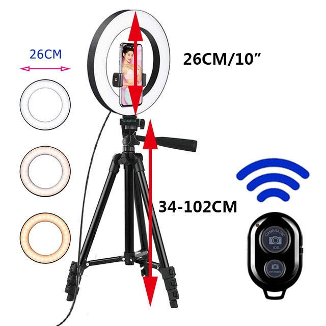 26cm Led Selfie Ring Light Bluetooth Remote Lamp & Tripod Holder - 102Cm-black