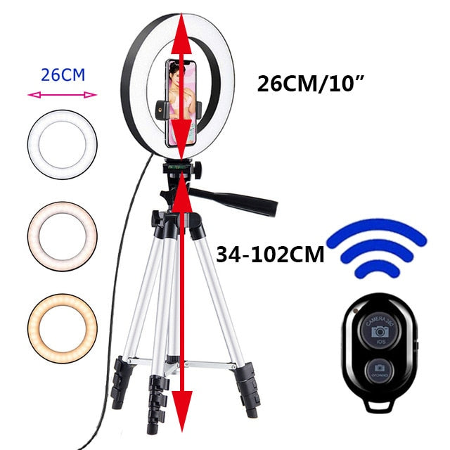 26cm Led Selfie Ring Light Bluetooth Remote Lamp & Tripod Holder - 102Cm-selver