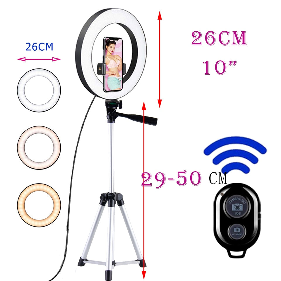 26cm Led Selfie Ring Light Bluetooth Remote Lamp & Tripod Holder