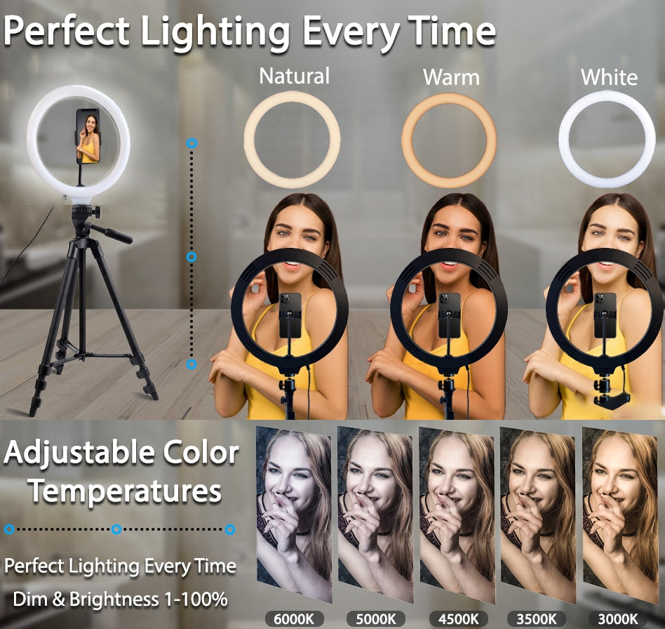 26cm Led Selfie Ring Light Bluetooth Remote Lamp & Tripod Holder