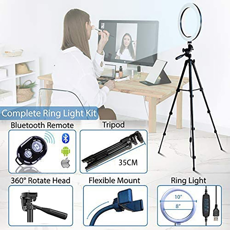 26cm Led Selfie Ring Light Bluetooth Remote Lamp & Tripod Holder