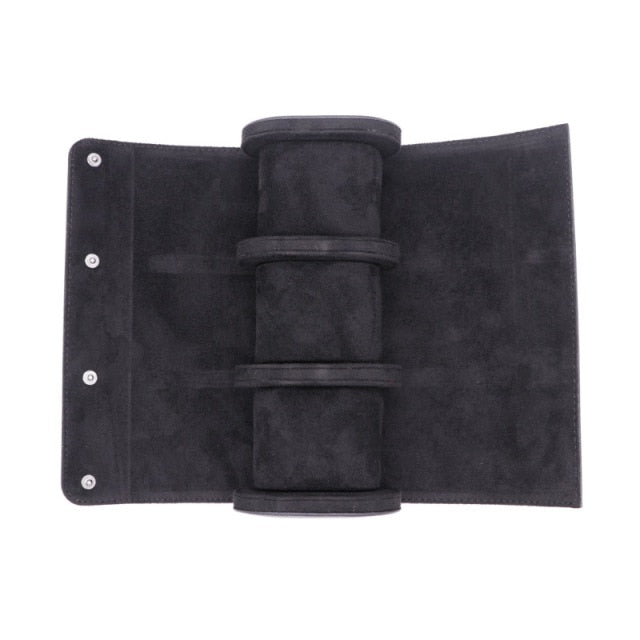 Luxurious Handmade Leather Watch Travel Case with Velvet Protection - Black-L 3 positions