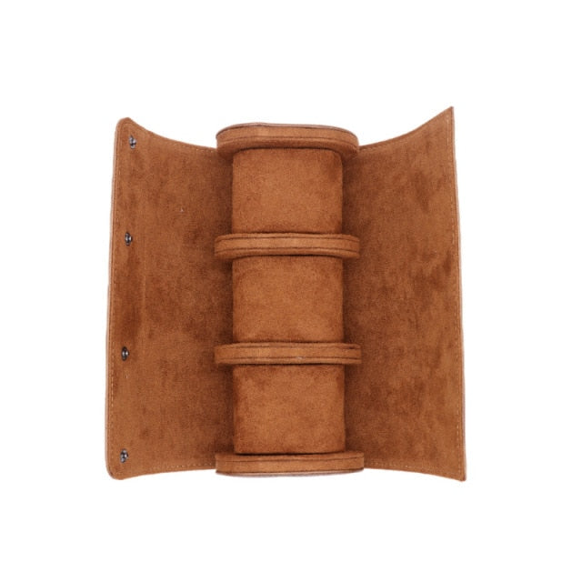 Luxurious Handmade Leather Watch Travel Case with Velvet Protection - Brown-L 3 positions